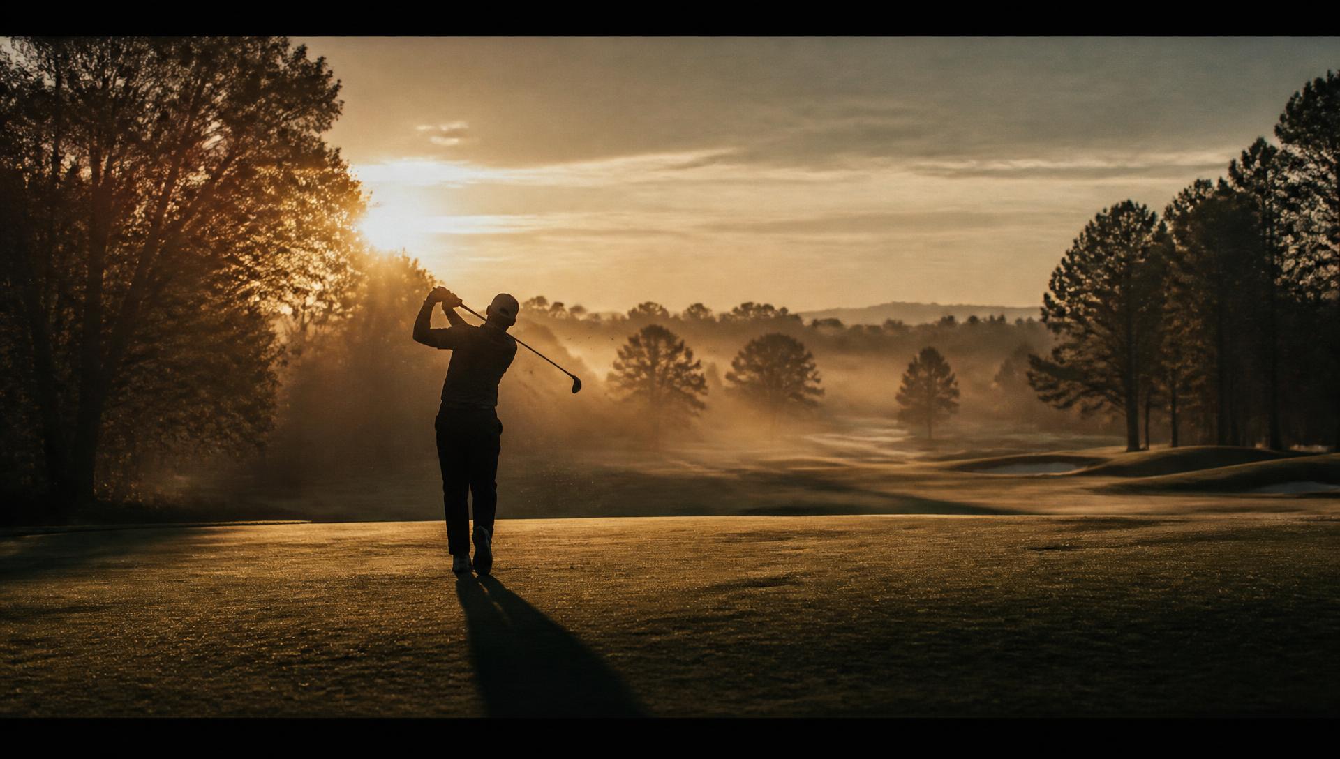 Golfer mid-swing at sunrise on a misty fairway
