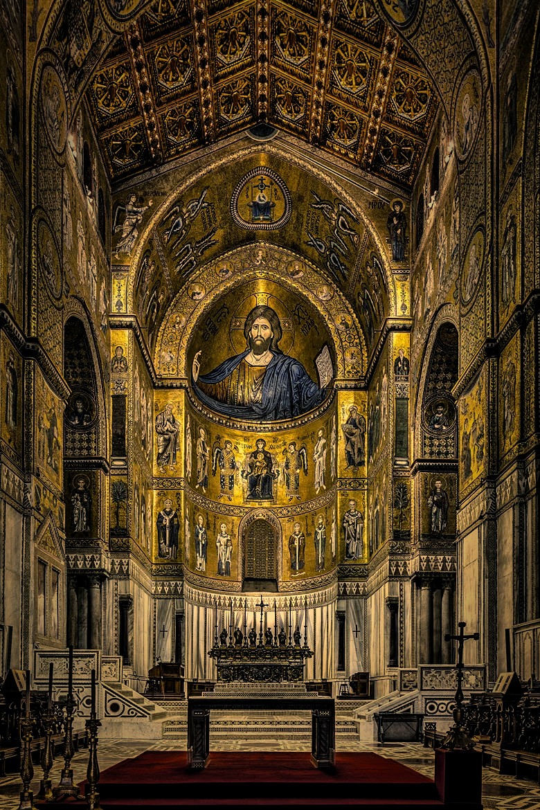 Gold mosaic apse of Christ Pantocrator in a cathedral